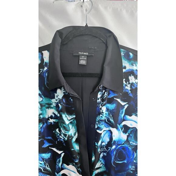 Blouse Blue Black Multi-media Semi Sheer Vibrant Artsy Event Career Party SZ 2X - Picture 2 of 9